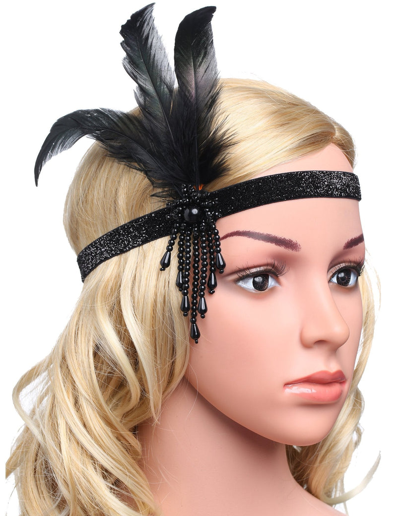 BABEYOND 1920s Flapper Headpiece Roaring 20s Great Gatsby Headband Black Feather Headband 1920s Flapper Gatsby Hair Accessories (Black) BABEYOND