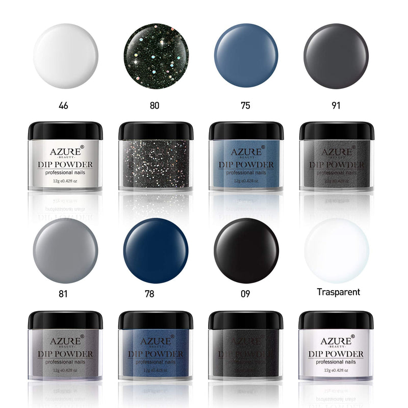 Dip Powder Nail Kit Starter, AZUREBEAUTY Blue Black 8 Colors Acrylic Dipping Powder System Essential Liquid Set with Top/Base Coat Activator Brush Saver for French Nail Art Manicure Beginner DIY Salon AZUREBEAUTY