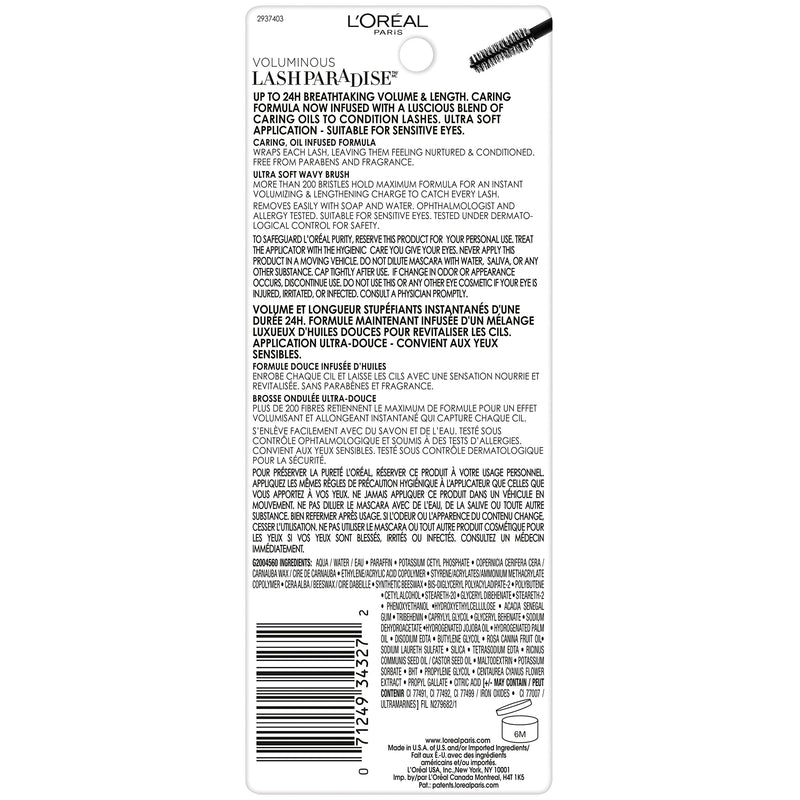 L'Oreal Paris Voluminous Makeup Lash Paradise Mascara, Voluptuous Volume, Intense Length, Feathery Soft Full Lashes, No Flaking, No Smudging, No Clumping, Black Brown, 0.25 Fl Oz (Pack of 1) L'Oreal Paris