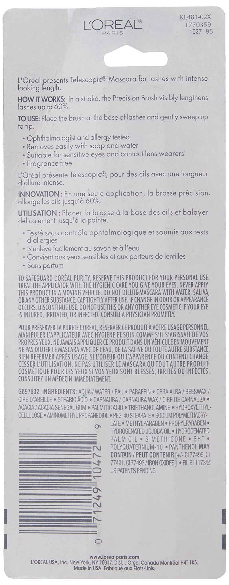 L'Oreal Paris Telescopic Mascara, Black [905] 0.27 oz (Pack of 2) Revitalift