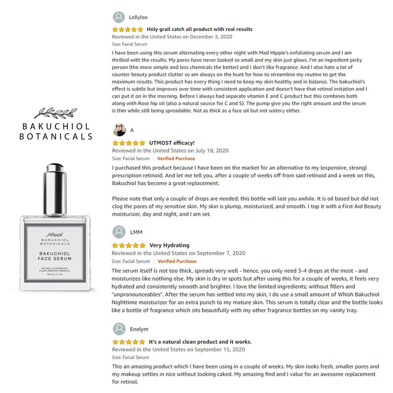 Bakuchiol Facial Serum Oil 1.7 oz - Retinol Alternative - Clinical Strength Bakuchiol - All Natural Plant Derived Clean Beauty Ingredients - Bakuchiol, Squalane, Vitamin C, Rose Hip Oil, Vitamin E - Made in California, USA Bakuchiol Botanicals
