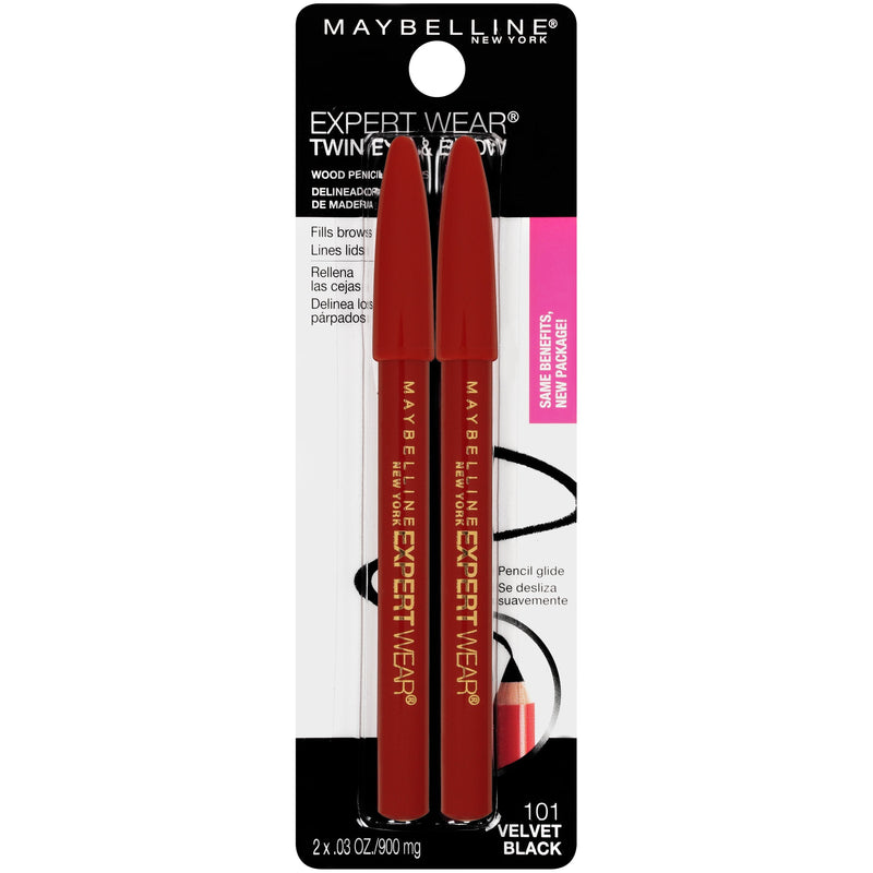 Maybelline New York Makeup Expert Wear Twin Eyebrow Pencils and Eyeliner Pencils, Velvet Black Shade, 2 Count (Pack of 1) Maybelline New York