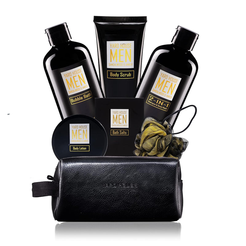 Bath and Body Spa Gift Baskets Set for Men - Sandalwood Amber - 7Pc Full Size Spa Kit in Toiletry Bag - Fathers Day Gifts For Husband, Dad From Wife, Daughter Son, Birthday Gifts For Him Infinity Warehouse