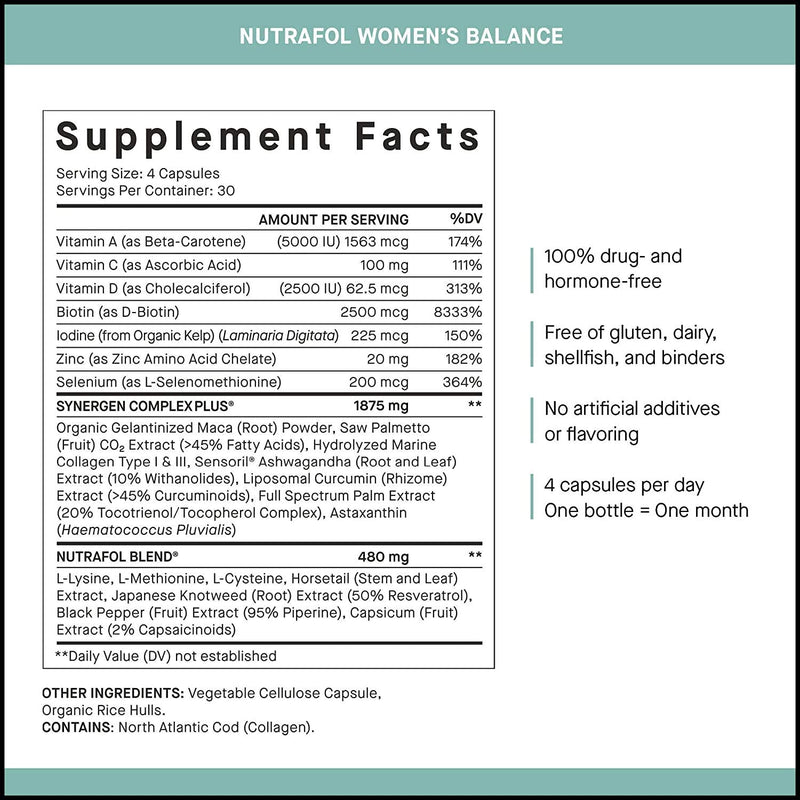 Nutrafol Women’s Balance Clinically Proven Hair Growth Supplement for Visibly Thicker Hair and More Scalp Coverage Through Menopause (1-Month Supply) Nutrafol