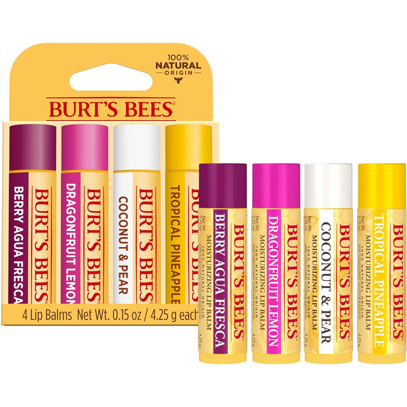 Burt's Bees Lip Balm - Berry Agua Fresca, Dragonfruit Lemon, Coconut & Pear, Tropical Pineapple Pack, With Beeswax, Tint-Free, Natural Origin Lip Treatment, 4 Tubes, 0.15 oz. Infinity Warehouse