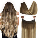 GOO GOO Halo Extensions Remy Human Hair Extensions Ombre Walnut Brown to Ash Brown and Bleach Blonde 80g 16 Inch Invisible Wire Flip Hair Extensions Couture Hairpiece with Secrect Fish Line GOO GOO Store