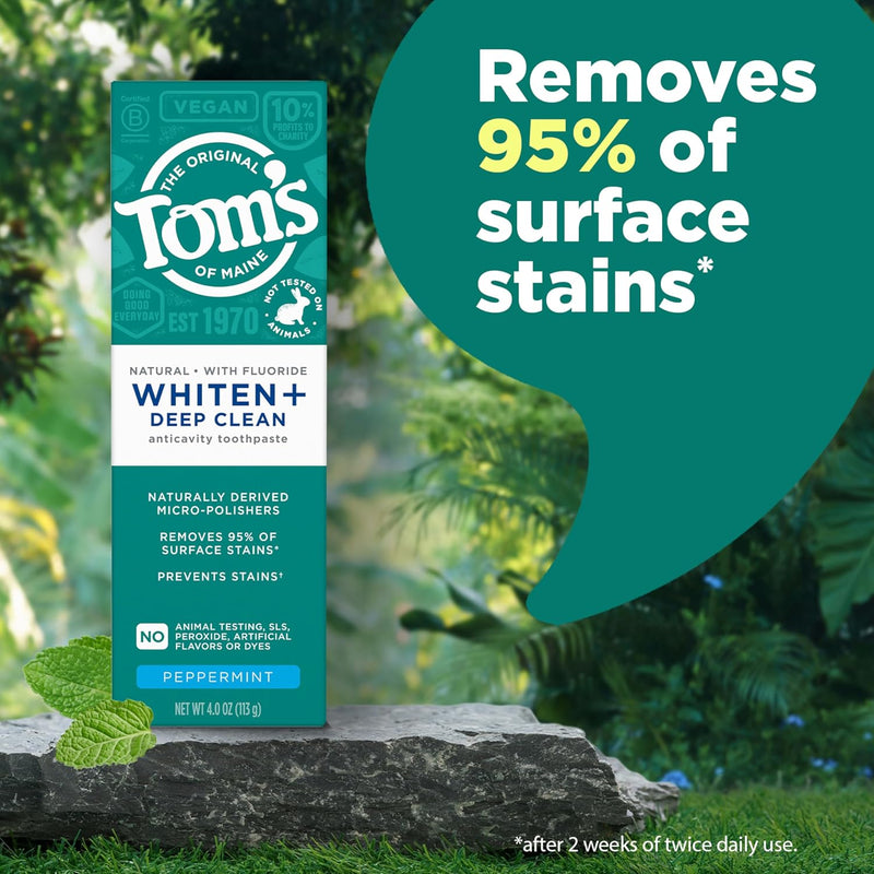 Tom's of Maine Whiten Plus Deep Clean Whitening Toothpaste, Natural Whitening Toothpaste with Plant-Based Cleansers, Enamel Safe, Whitens Without Causing Sensitivity, Peppermint, 4.0 oz (Pack of 3) Infinity Warehouse