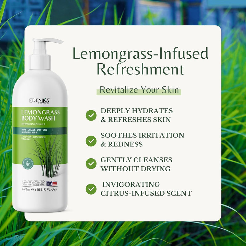 Lemongrass Body Wash with Vitamin E, Cleanses, Refreshes & Invigorates, Shower Gel for Dry and Sensitive Skin, Women & Men, Organic & Natural, 16 fl oz, 2-Pack Infinity Warehouse