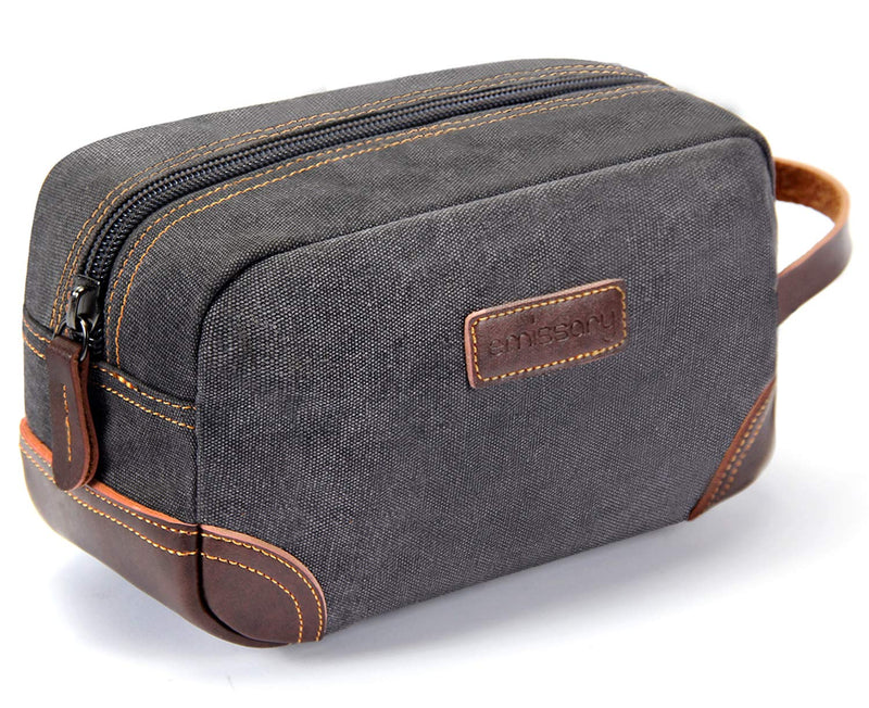 emissary Men's Toiletry Bag Leather and Canvas Travel Toiletry Bag Dopp Kit for Men Shaving Bag for Travel Accessories (Gray) emissary