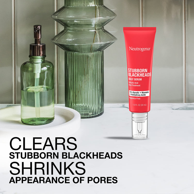 Neutrogena Stubborn Blackheads Daily Acne Facial Serum with Salicylic, Glycolic, Polyhydroxy & Mandelic Acids, Oil-Free Face Serum for Acne-Prone Skin to Help Clear Clogged Pores, 1 fl. oz Neutrogena