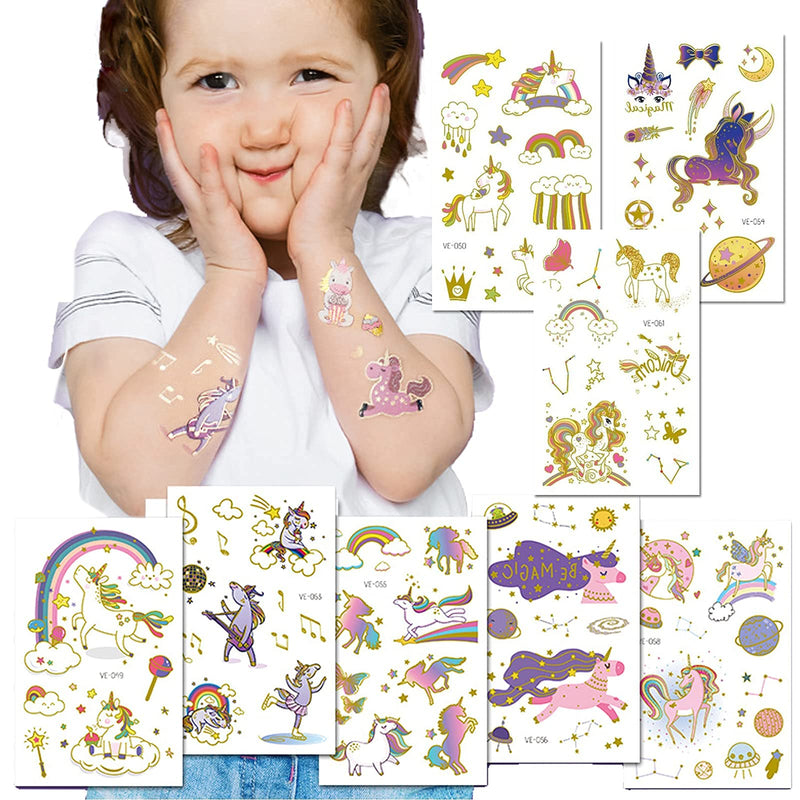 Ooopsiun Glitter Unicorn Temporary Tattoos for Girls, 8 Sheets Gold Unicorn Birthday Party Supplies Decorations for Kids , Fake Tattoos Stickers Ooopsiun