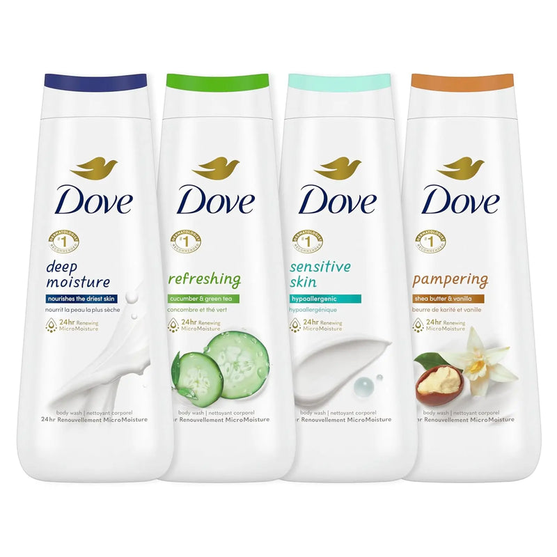 Dove Body Wash Deep Moisture, Sensitive Skin, Cucumber and Green Tea, and Shea Butter & Vanilla Collection 4 Count Skin Cleanser with 24hr Renewing MicroMoisture 20 oz Infinity Warehouse