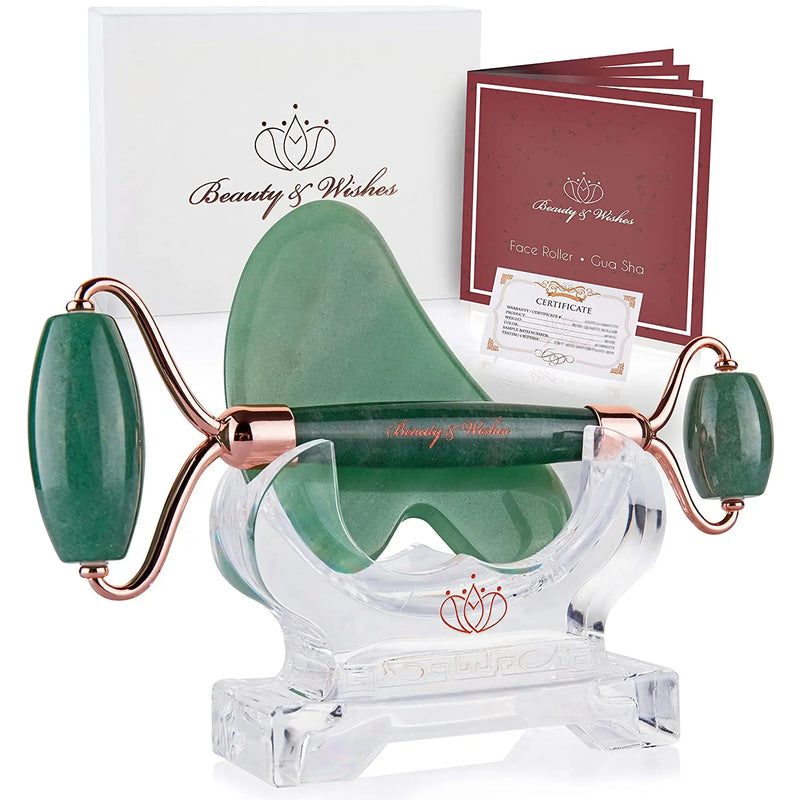 Jade Roller and Gua Sha Face Luxury Anti Aging Tool Set with Countertop Stand – Grade A – Authentic Brazilian Stone Facial Massager for Wrinkles - Non-Squeak by Beauty & Wishes (Aventurine) BEAUTY & WISHES