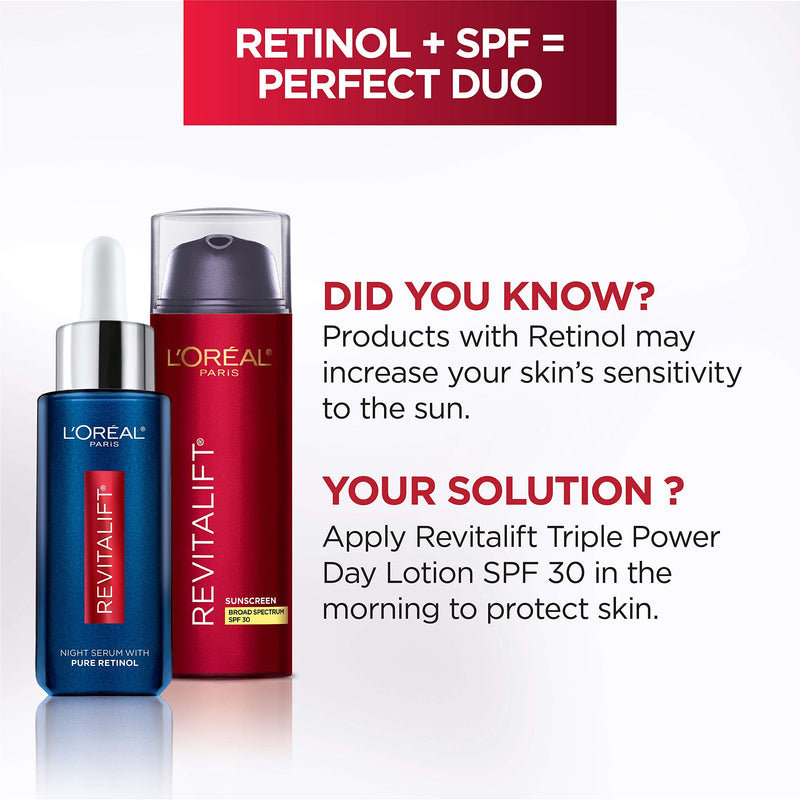 L'Oreal Paris Retinol Serum for Face, Night Serum 0.3% Pure Retinol from Revitalift Derm Intensives, Visibly Reduce Wrinkles, Even Deep Ones, 1 Oz Serum + Moisturizer Cream Samples, Packaging May Vary L'Oreal Paris