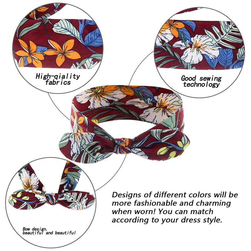 Yeshan Bow Headbands for Women Boho Wide Bandana Headbands Flower Printed Rabbit Ears Hair Bands Fashion and Sport Hair Accessories for Women and Girls,Pack of 6 Yeshan
