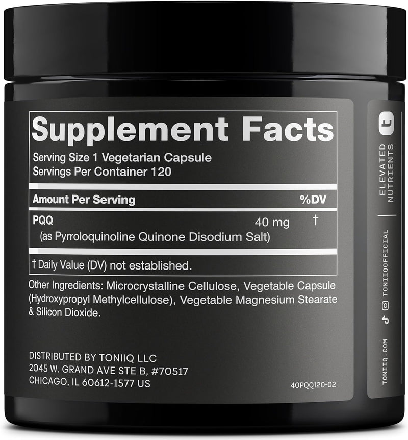 Toniiq 99%+ 40mg Supplement - Ultra High Purity PQQ 40mg Concentrated Formula - PQQ 40 mg 120 Capsules - Pyrroloquinoline Quinone Supplement - 1 Capsule Serving - Vegetarian Capsules Infinity Warehouse