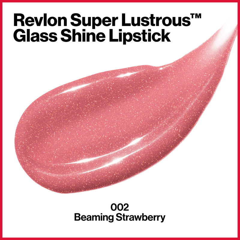 REVLON Super Lustrous Glass Shine Lipstick, Flawless Moisturizing Lip Color with Aloe, Hyaluronic Acid and Rose Quartz, Beaming Strawberry (002), 0.15 oz REVLON