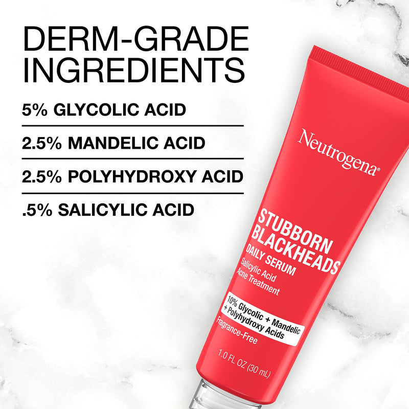 Neutrogena Stubborn Blackheads Daily Acne Facial Serum with Salicylic, Glycolic, Polyhydroxy & Mandelic Acids, Oil-Free Face Serum for Acne-Prone Skin to Help Clear Clogged Pores, 1 fl. oz Neutrogena