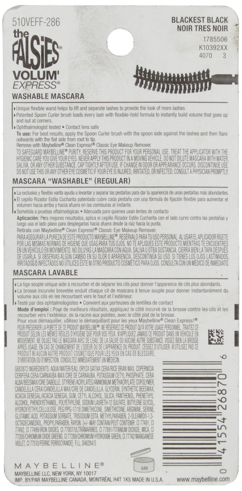 Maybelline New York Makeup Volum' Express The Falsies Flared Washable Mascara, Blackest Black, 0.31 Fl Oz (Pack of 1) Maybelline New York