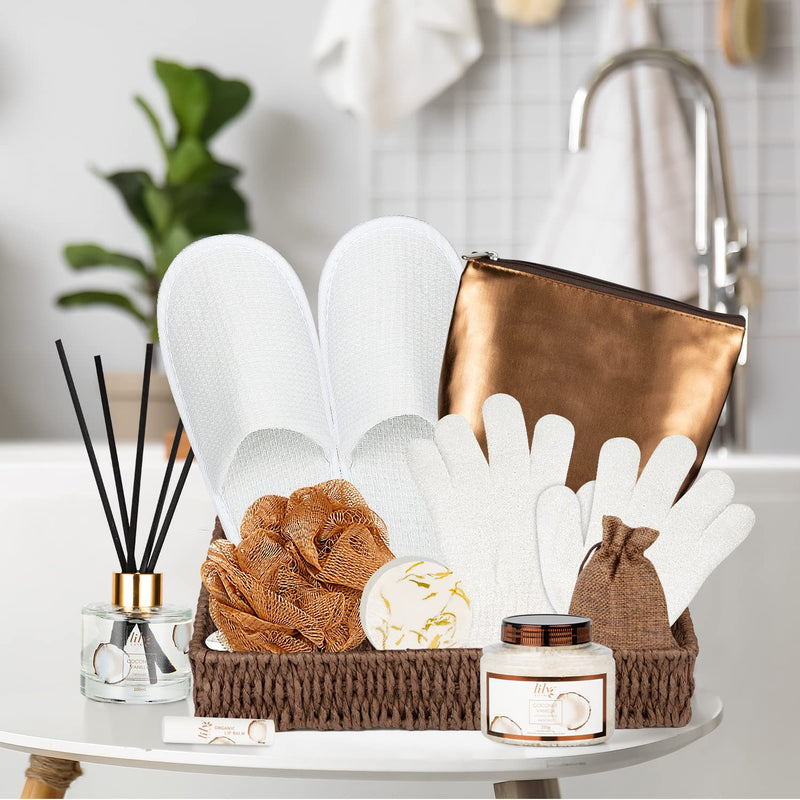 Bath and Body Gift Basket Set for Women - Coconut Vanilla Spa Gift Basket for Women 17-Piece Luxury Bath Gift Set with Shower Gel Self Care Pampering Gifts for Mothers Day, Christmas, Birthday Gifts Infinity Warehouse