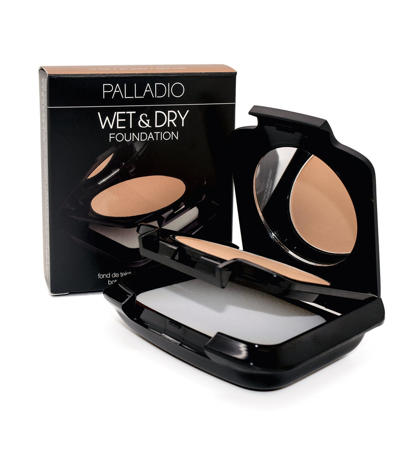 Palladio Dual Wet and Dry Foundation with sponge and Mirror, Squalane Infused, Apply Wet for Maximum Coverage or Dry for Light Finishing and Touchup, Minimize Fine Lines, All day Wear, Tawny Palladio