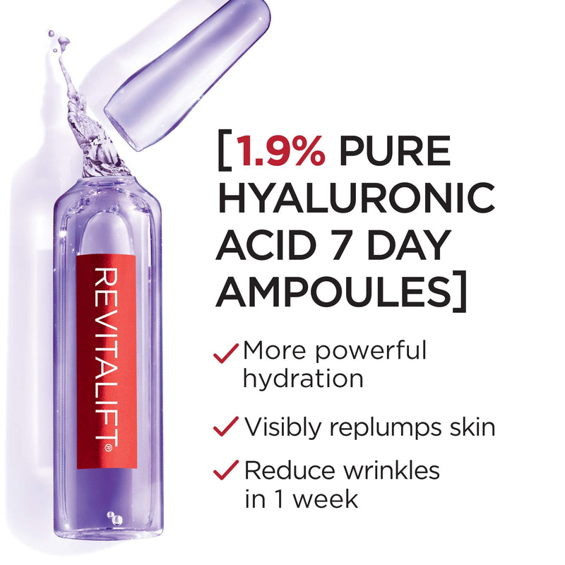 L'Oreal Paris Revitalift Derm Intensives Hyaluronic Acid Serum Ampoules 7 Day Boost Pure Hyaluronic Acid Anti-Aging Ampoules to visibly replump skin in 7 days, 7 Ampoules, 0.28 fl; oz. L'Oreal Paris