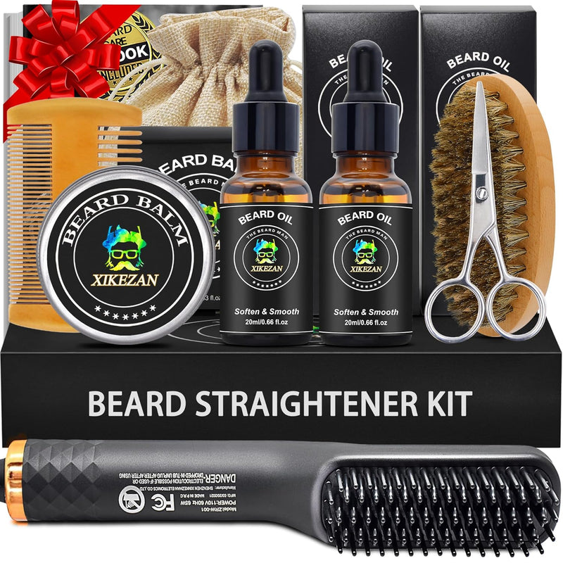 XIKEZAN Beard Kit for Men Grooming & Straightening Set w/Straightener | 2 Pack Oil | Balm | Comb | Scissor | Brush | Birthday Valentines Gifts | for Him Dad Men Boyfriend | Christmas Stocking Stuffers Infinity Warehouse
