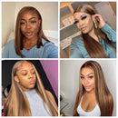 Highlight Colored 4x4 Lace Closure Human Hair Wigs 18 Inch 4/27 Ombre Brown Honey Blonde Brazilian 180% Density Straight Lace Front Wigs Human Hair Pre Plucked with Baby Hair for Black Women V SHOW