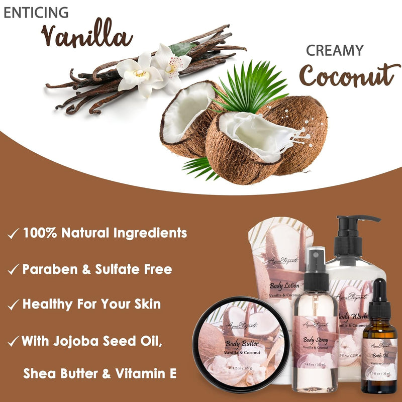 Bath Spa Gift Sets - Luxury Basket With Coconut & Vanilla - Spa Kit Includes Wash, Bubble Bath, Lotion, Bath Salts, Body Scrub, Body Spray, Shower Puff, Bathbombs, Soap and Towel