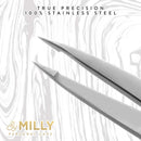 By MILLY Pointed Tweezers - Hammer Forged 100% German Steel, Point-Tip Precision Tweezers for Ingrown Hair, Eyebrows, Facial Hair, Splinters, Glass Removal - Perfectly Aligned, Hand-Filed - Silver By MILLY