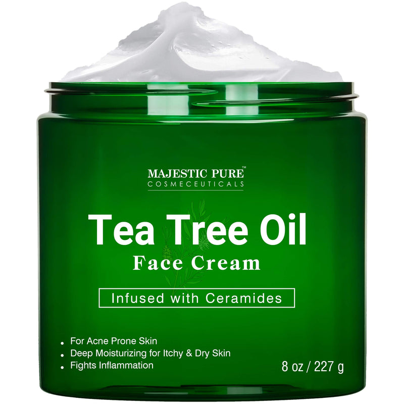 Tea Tree Oil Face Cream by Majestic Pure - Therapeutic Grade, Acne Scar Remover and Pimple Cream, Infused with Ceramides, Fights Acne and Soothes Acne Scars, Face Moisturizer, 8 oz MAJESTIC PURE