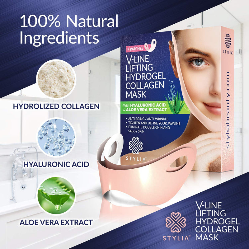 7 Piece V Line Shaping Face Masks – Lifting Hydrogel Collagen Mask with Aloe Vera – Anti-Aging and Anti-Wrinkle Band - Double Chin Reducer Strap - Contouring, Slimming and Firming Face Lift Sheet Stylia Store