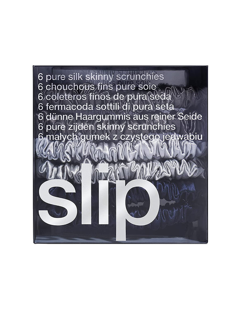 Slip Silk Skinnie Scrunchies Midnight Collection (Charcoal, Navy, Silver) - 100% Pure 22 Momme Mulberry Silk Scrunchies for Women - Hair-Friendly + Luxurious Elastic Scrunchies Set (6 Scrunchies) SLIP Store