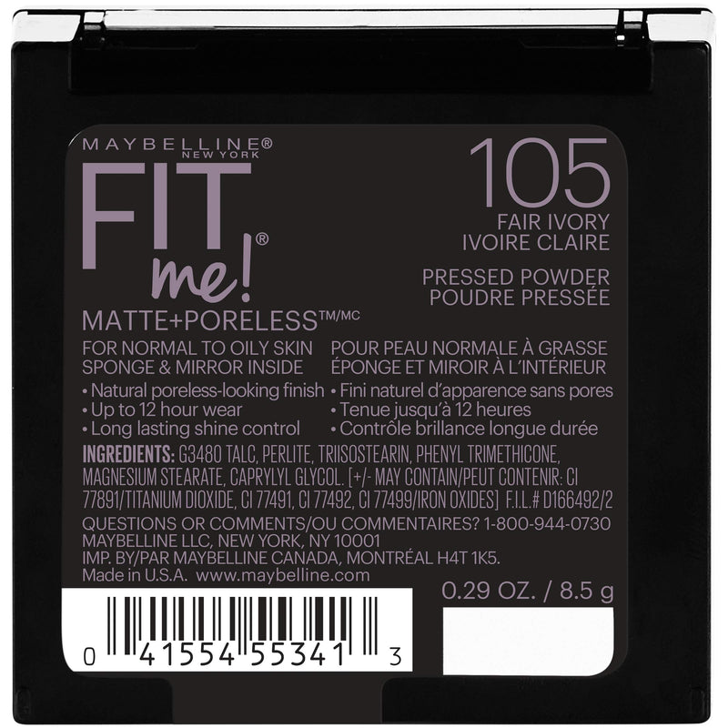 Maybelline New York Fit Me Matte + Poreless Pressed Face Powder Makeup, Fair Ivory, 0.29 Ounce, Pack of 1 Maybelline New York