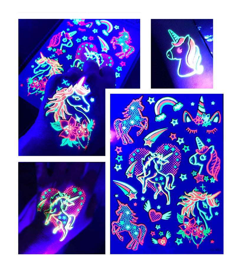 Temporary Tattoos – 1 Sheet Unicorns Design Body Paint Art Blacklight Reactive Light Festival Accessories Glow in the Dark Party Supplies | 7.2” x 5.2” Temp Great for EDM EDC Party Unicorn Rave Parties d'IRIS studio