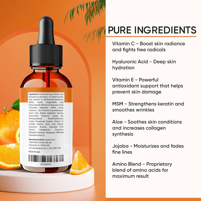 100% PURE VITAMIN C SERUM FOR FACE, Anti Aging Serum with Hyaluronic Acid, Vitamin E, MSM, Aloe Vera, Jojoba Oil, Amino Blend, Hydrating Serum for Dark Spots, Fine Lines and Wrinkles, Skin Repair, Pore Clearing, Acne Scars, Organic Vegan Ingredients - DOU Infinity Warehouse