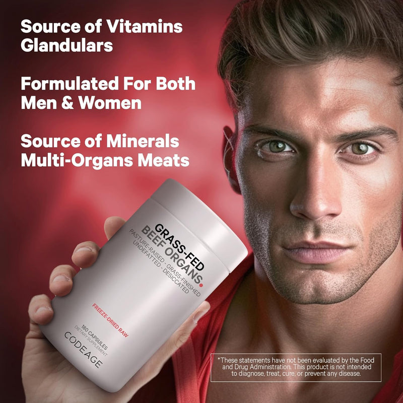 Codeage Grass Fed Beef Organs Supplement – Glandulars Supplements - Freeze Dried, Non-Defatted, Desiccated Liver, Heart, Kidney, Pancreas & Spleen Bovine Pills – Beef Vitamins - Non-GMO -180 Capsules Infinity Warehouse