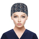 QBA Working Cap with Button Long Hair, Adjustable Working Hat Sweatband Cotton Ponytail Holder, Tie Back Hats for Women & Men, One Size, Floret Navy PT QBA