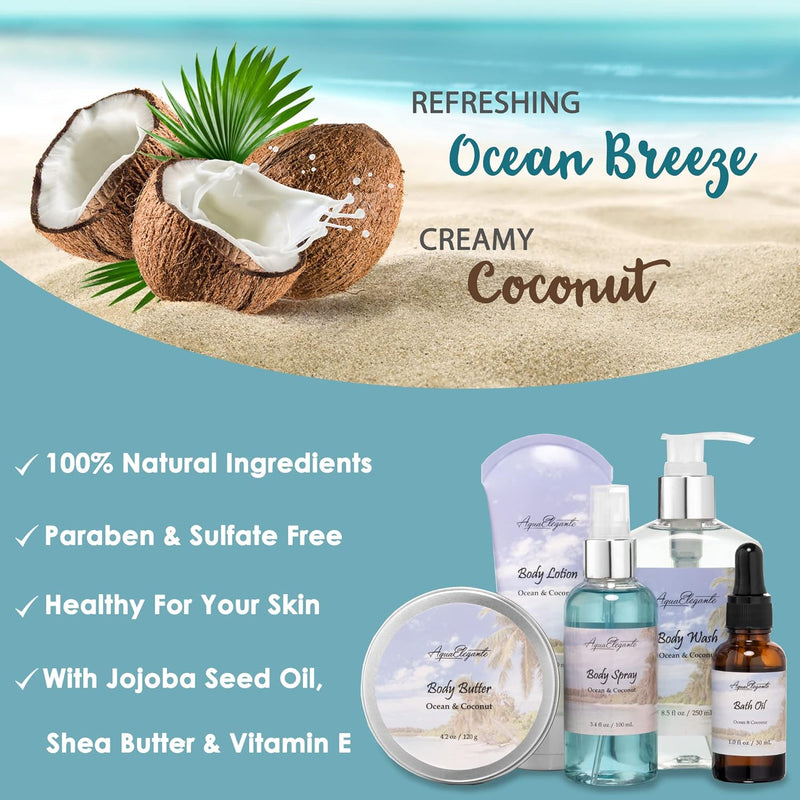 Spa Gift Baskets For Women - Luxury Bath Set With Ocean & Coconut - Spa Kit Includes Body Wash, Bubble Bath, Lotion, Body Butter, Soap, Body Spray, Shower Puff, and Towel