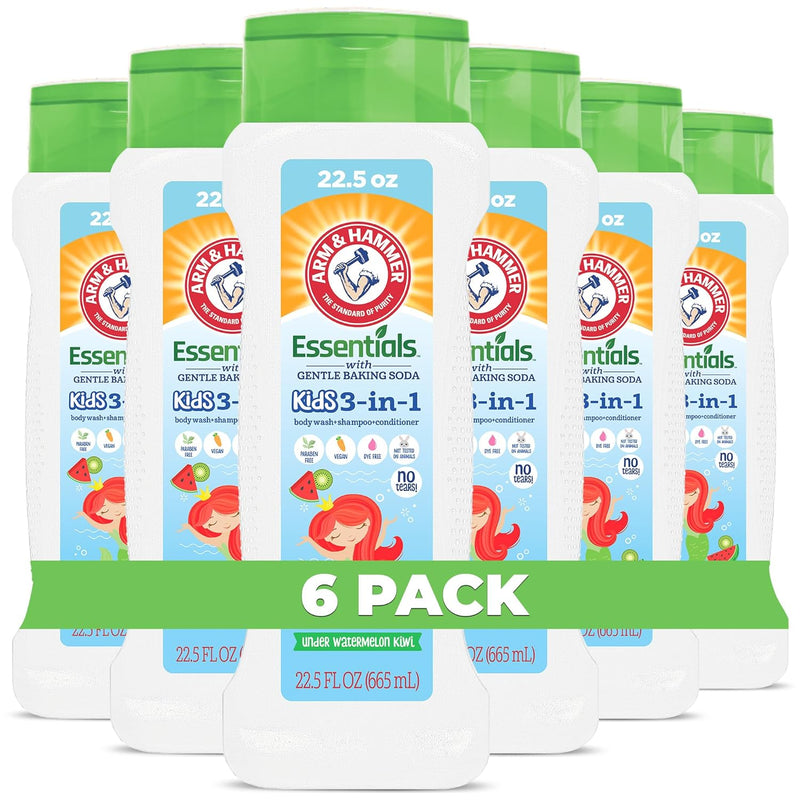 Arm & Hammer 6 Pack Essentials Kids Body Wash - 3-in-1 Watermelon Kiwi 22.5oz - Non Toxic Kids Shampoo and Body Wash And Conditioner Infinity Warehouse