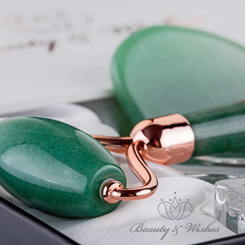 Jade Roller and Gua Sha Face Luxury Anti Aging Tool Set with Countertop Stand – Grade A – Authentic Brazilian Stone Facial Massager for Wrinkles - Non-Squeak by Beauty & Wishes (Aventurine) BEAUTY & WISHES