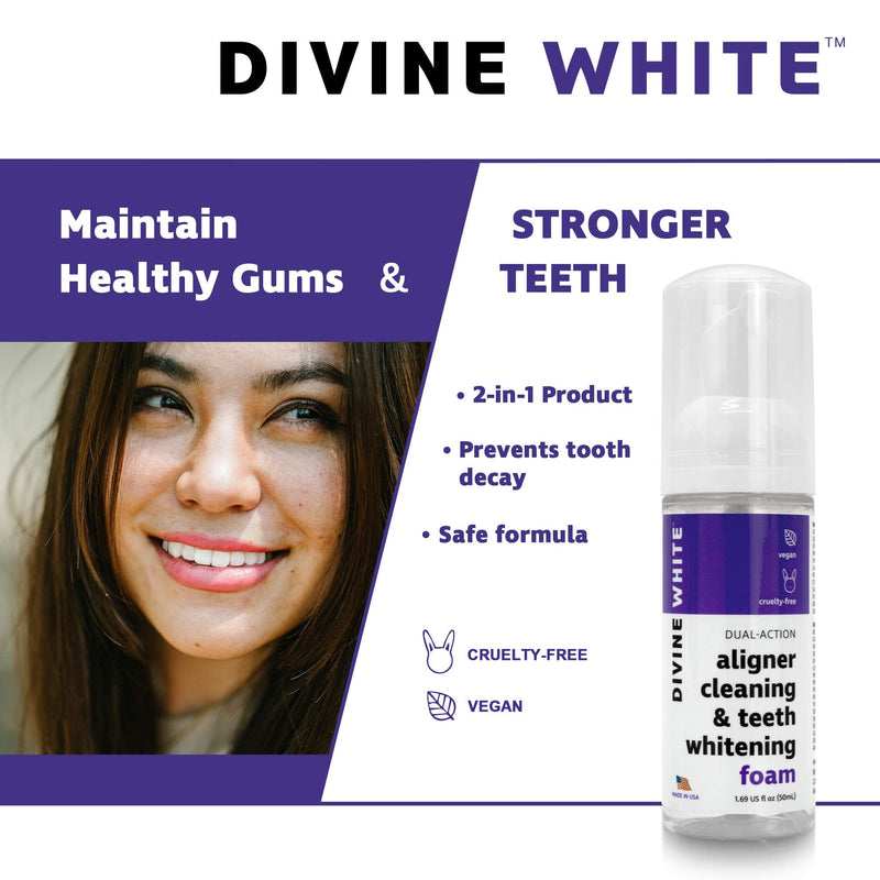 Divine White Dual-Action Stain Removal Aligner/retainer Cleaner and Teeth Whitening Foam- Hydrogen Peroxide-Good for Invisalign, ClearCorrect, SmileDirectClub, Candid, Byte -Oral Care-Foam Toothpaste DIVINE WHITE