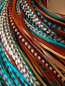 Feather Hair Extensions, 100% Real Rooster Feathers, Long Natural and Turquoise Blue Colors, 20 Feathers with Bonus FREE Beads and Loop Tool Kit NBT Feather Lily