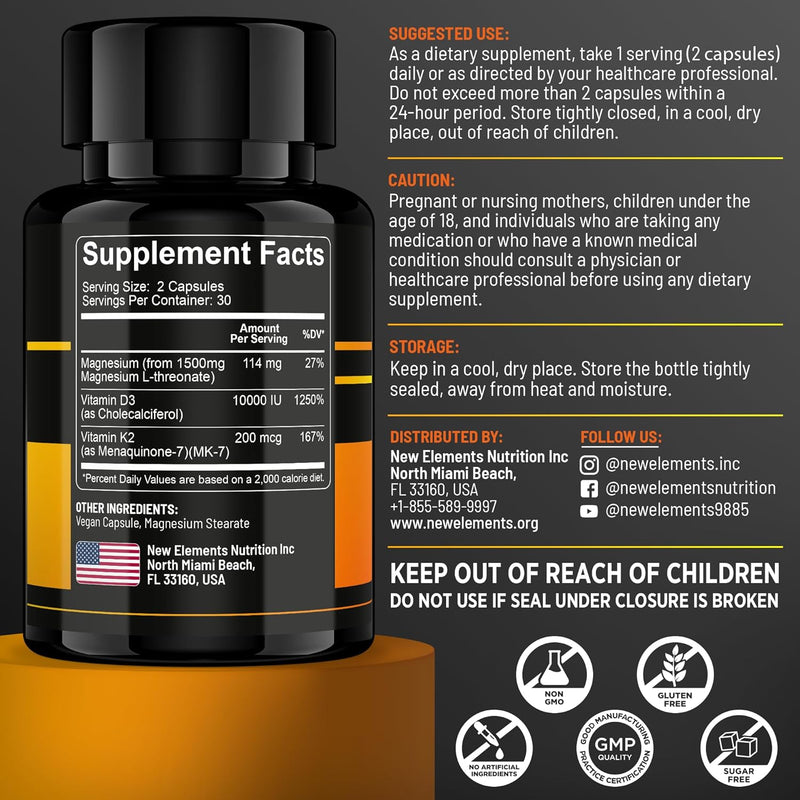 Magnesium L-Threonate 1500mg with Vitamin D3 10,000 IU & K2 MK-7 – Brain, Focus & Bone Support – 60 Vegan Capsules – High Absorption, Non-GMO Infinity Warehouse