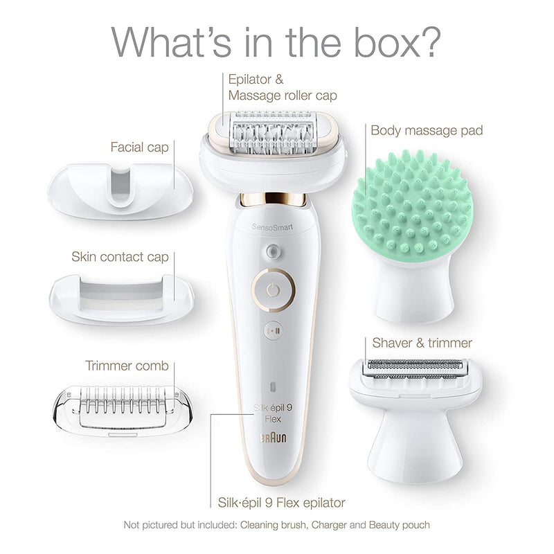 Braun Epilator Silk-épil 9 9-020 with Flexible Head, Facial Hair Removal for Women, Shaver & Trimmer, Cordless, Rechargeable, Wet & Dry, Beauty Kit with Body Massage Pad Braun
