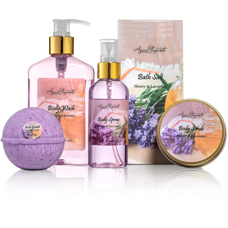Spa Baskets For Women - Luxury Bath Set With Honey & Lavender - Spa Kit Includes Wash, Bubble Bath, Lotion, Bath Salts, Body Scrub, Body Spray, Shower Puff, Bathbombs, Soap and Towel