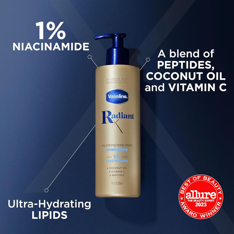 Vaseline Radiant X Even Tone Nourishing Body Lotion With 1% Niacinamide, Coconut Oil, Vitamin C, & Peptides 11 oz Infinity Warehouse