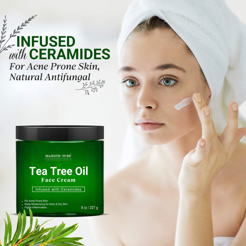 Tea Tree Oil Face Cream by Majestic Pure - Therapeutic Grade, Acne Scar Remover and Pimple Cream, Infused with Ceramides, Fights Acne and Soothes Acne Scars, Face Moisturizer, 8 oz MAJESTIC PURE