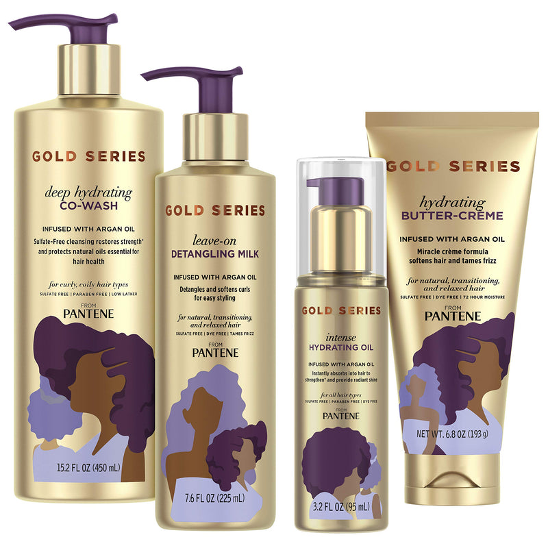 Pantene, Hair Oil, Co Wash, Detangling Milk, and Butter Cream Hair Treatment Kit, with Argan Oil, Sulfate Free, Pro-V Gold Series, for Natural and Curly Textured Hair Pantene