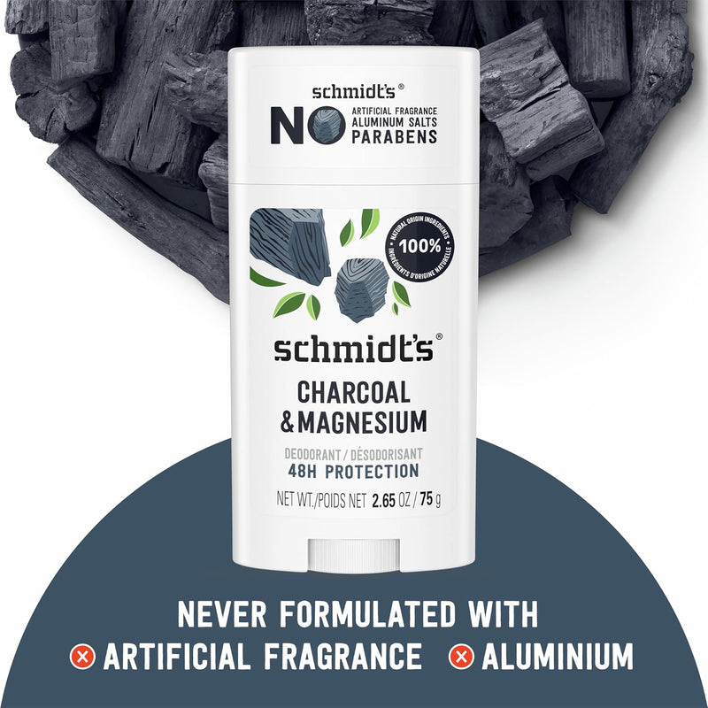 Schmidt's Aluminum-Free Vegan Deodorant Charcoal & Magnesium with 24 Hour Odor Protection, 4 Count for Women and Men, Natural Ingredients, Cruelty-Free, 2.65 oz Infinity Warehouse
